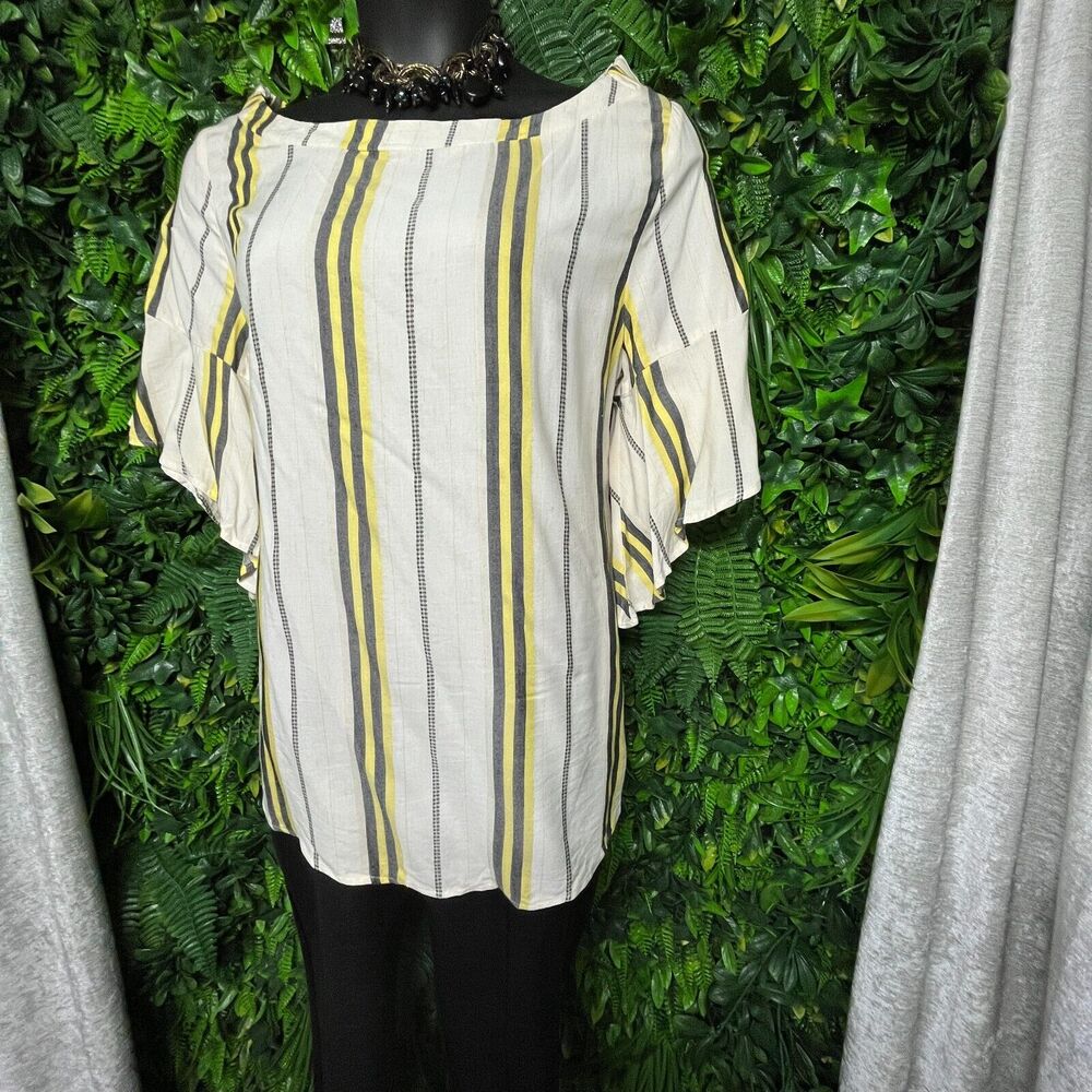 Women Tops 2X Beige Blouse Striped Print Ruffle Sleeve Verxy 1507 - Picture 6 of 9